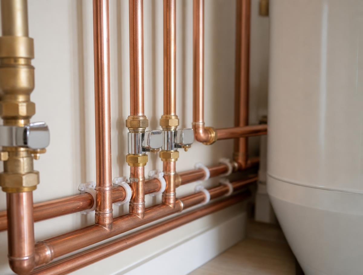 Neat copper pipework and chrome isolation valves beside a hot water cylinder